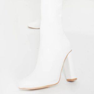 White Round Block Heel Knee High Boots